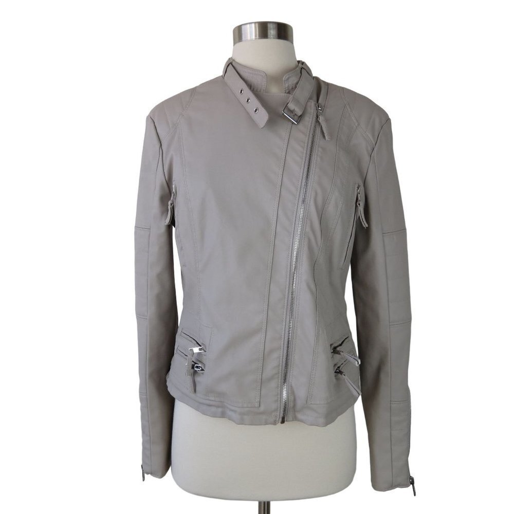 BLANKNYC Women's Tan Faux Leather Asymmetrical Moto Jacket S Vegan Quilted Tucks